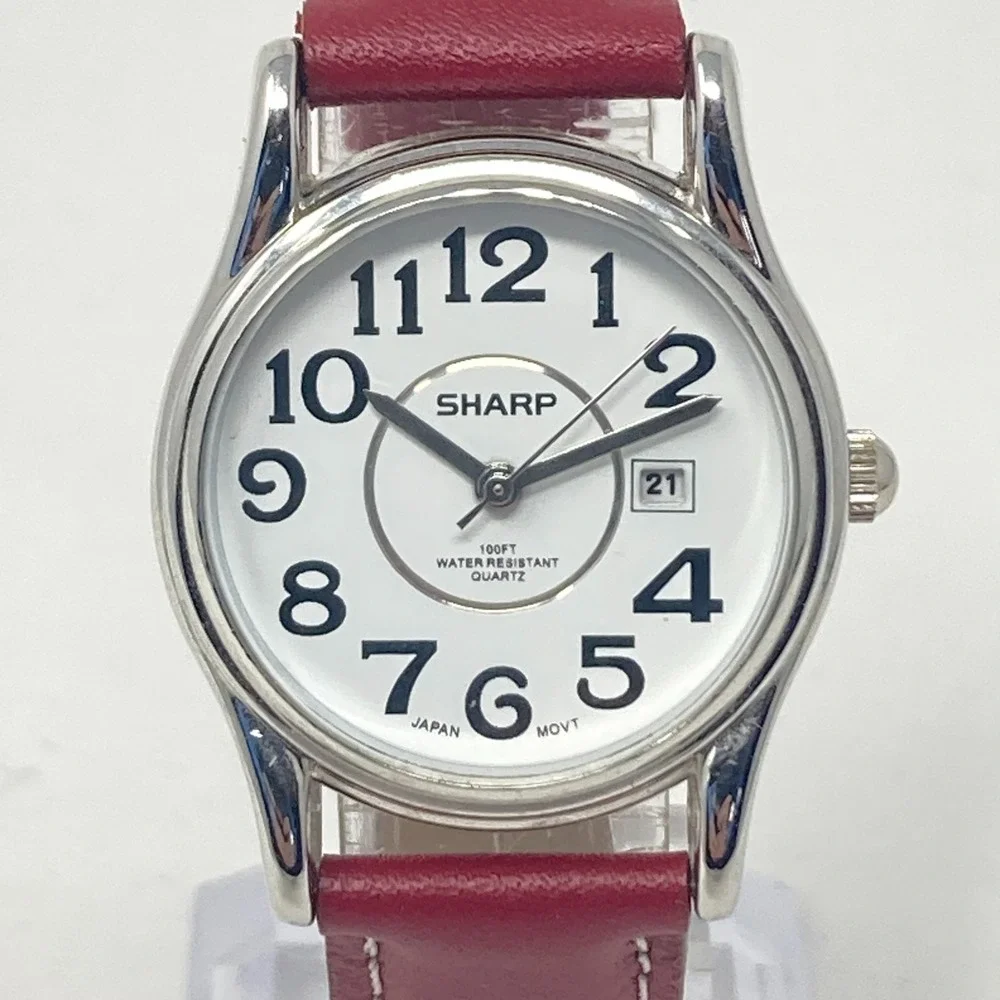 Sharp Womens Easy Reader Watch 29mm Silver Tone Date Red Leather 30M New Battery